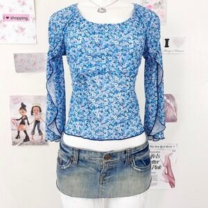 Blue Floral Babydoll Fairycore Top – Sheer Ruffle Sleeves